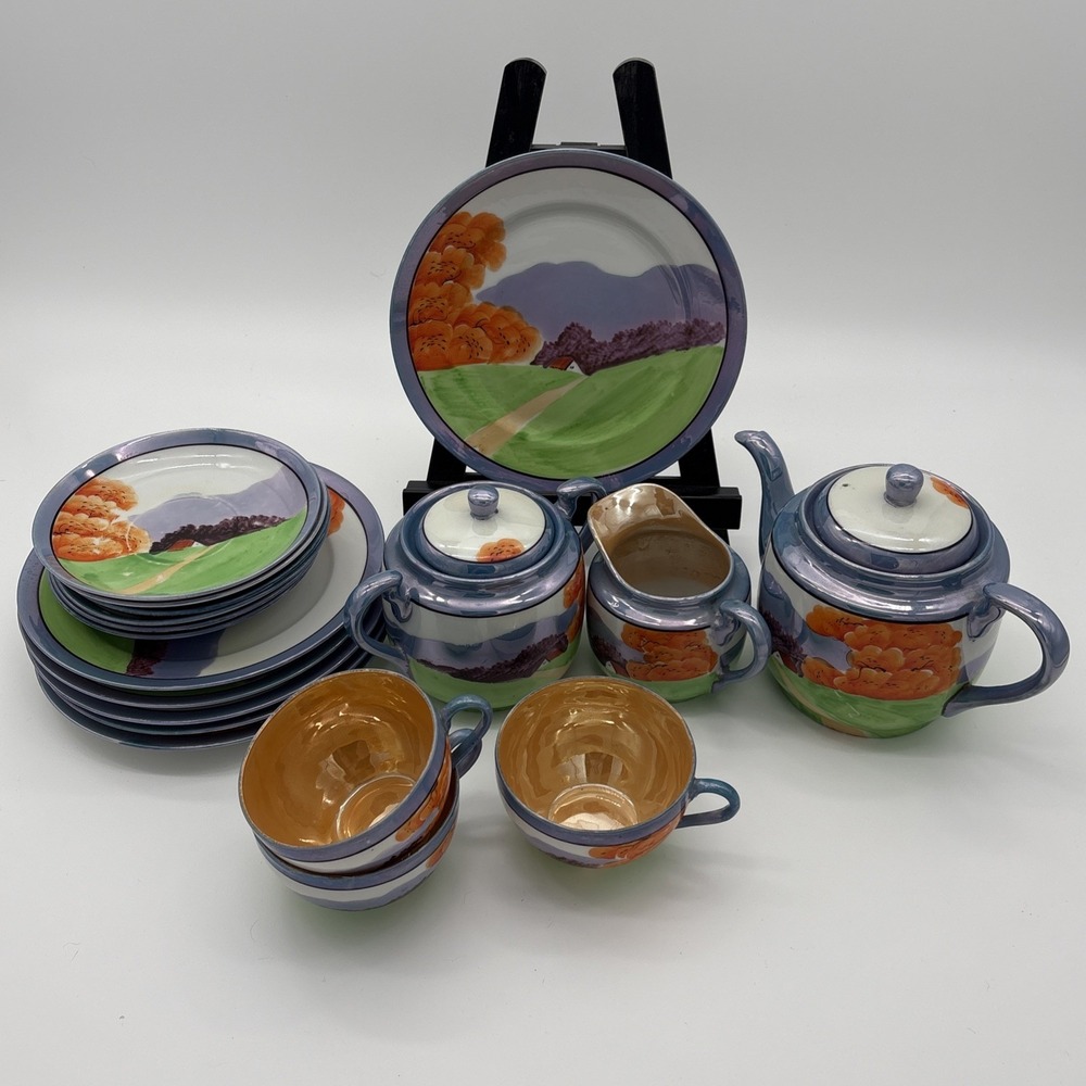Vintage 1930s Japanese Lusterware Tea Set Hand Painted Clover Mark 18 Pc Lot - Picture 1 of 8